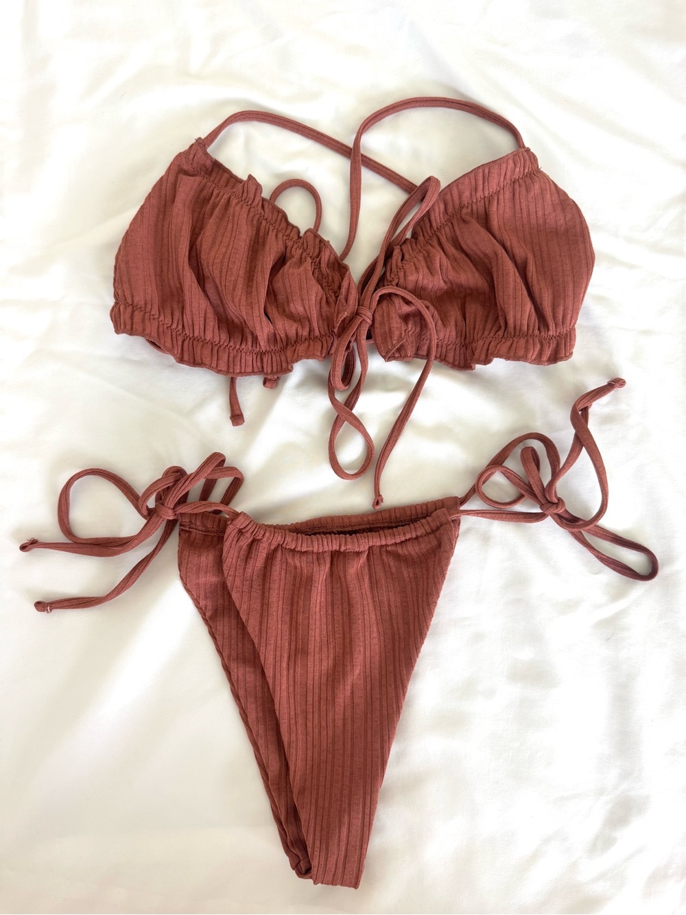 Ribbed Tie-Side Bikini Set in Rust